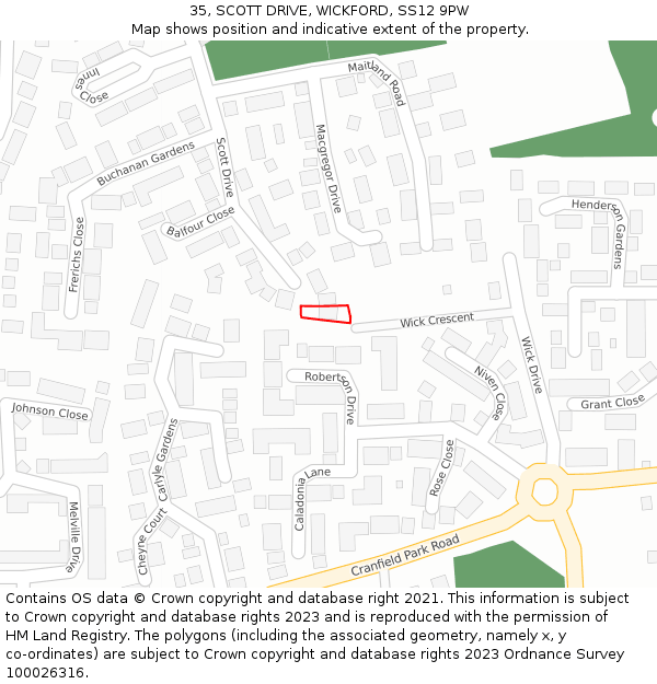 35, SCOTT DRIVE, WICKFORD, SS12 9PW: Location map and indicative extent of plot