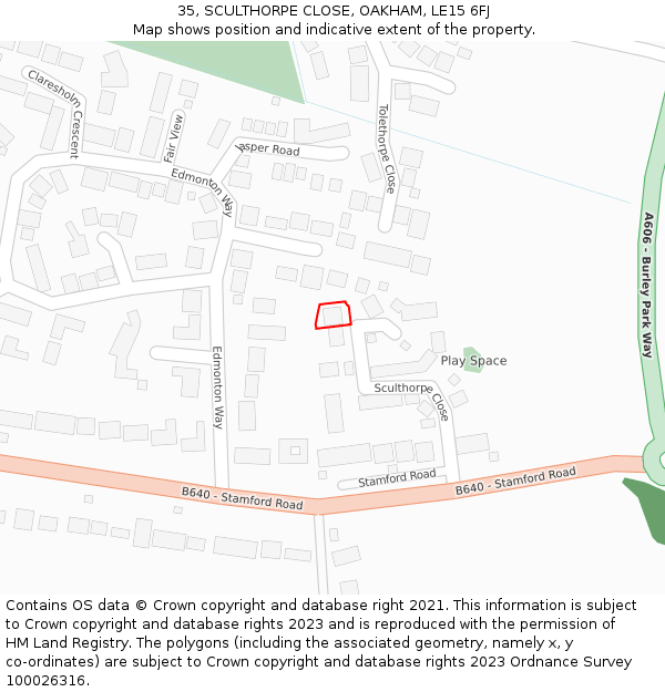 35, SCULTHORPE CLOSE, OAKHAM, LE15 6FJ: Location map and indicative extent of plot