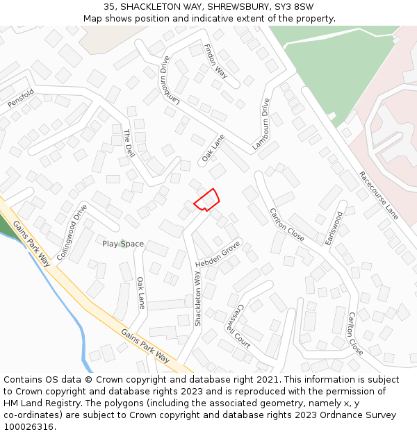 35, SHACKLETON WAY, SHREWSBURY, SY3 8SW: Location map and indicative extent of plot