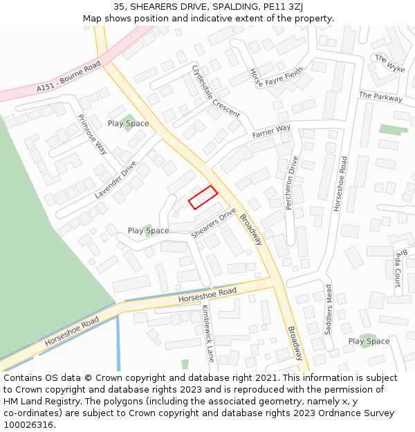 35, SHEARERS DRIVE, SPALDING, PE11 3ZJ: Location map and indicative extent of plot