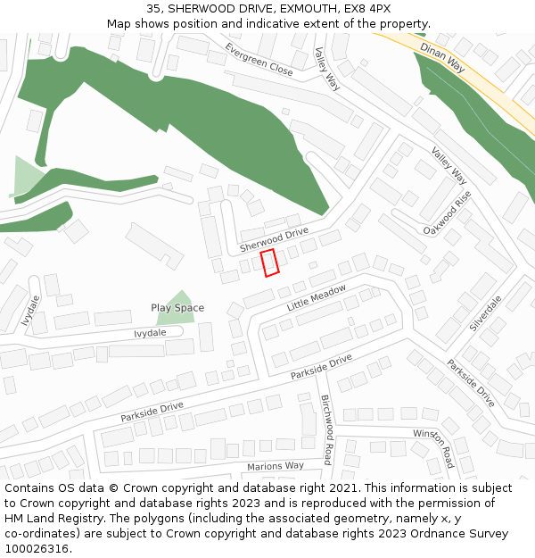 35, SHERWOOD DRIVE, EXMOUTH, EX8 4PX: Location map and indicative extent of plot