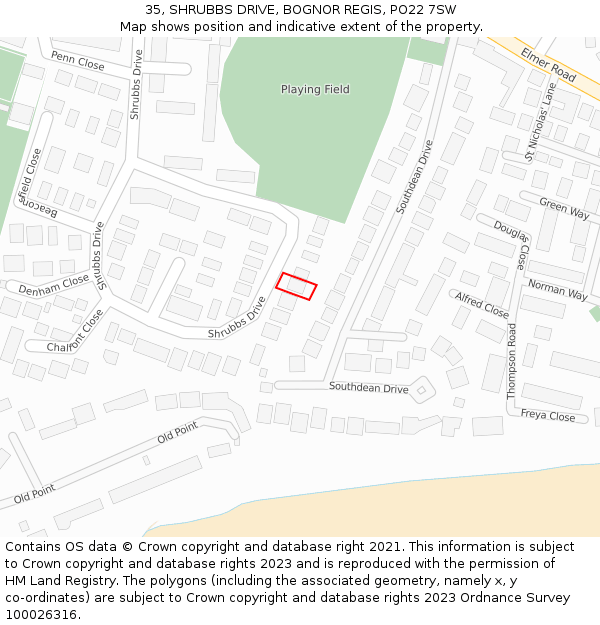 35, SHRUBBS DRIVE, BOGNOR REGIS, PO22 7SW: Location map and indicative extent of plot