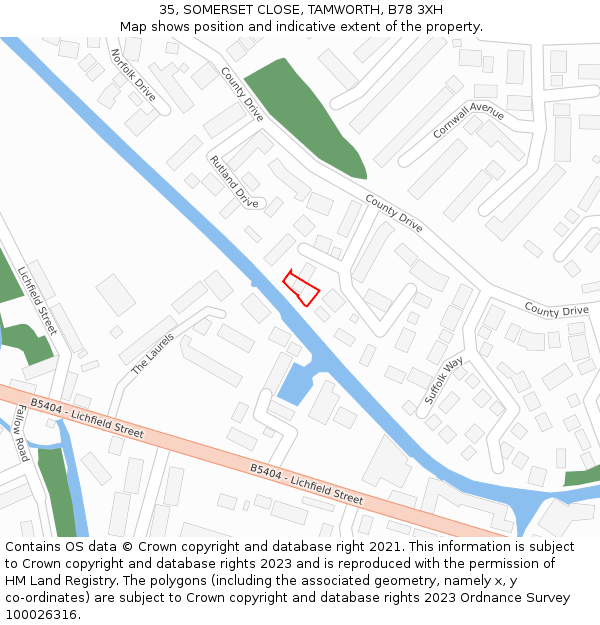 35, SOMERSET CLOSE, TAMWORTH, B78 3XH: Location map and indicative extent of plot