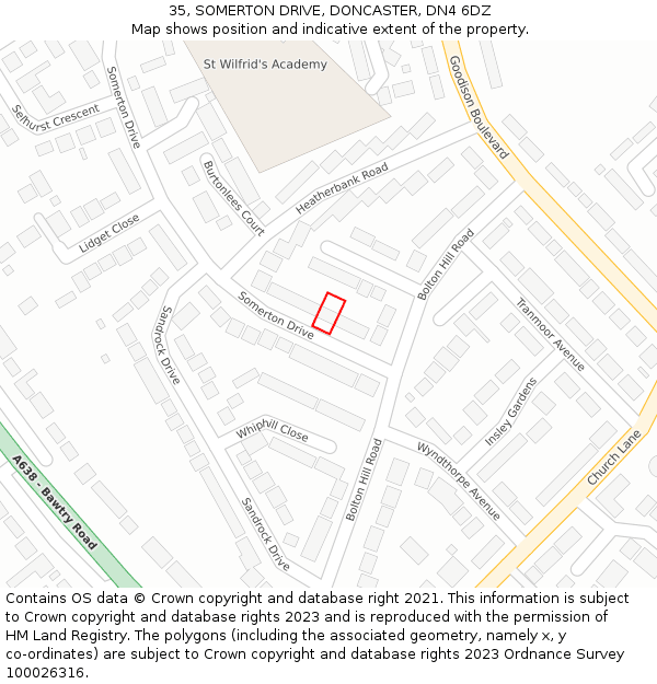 35, SOMERTON DRIVE, DONCASTER, DN4 6DZ: Location map and indicative extent of plot