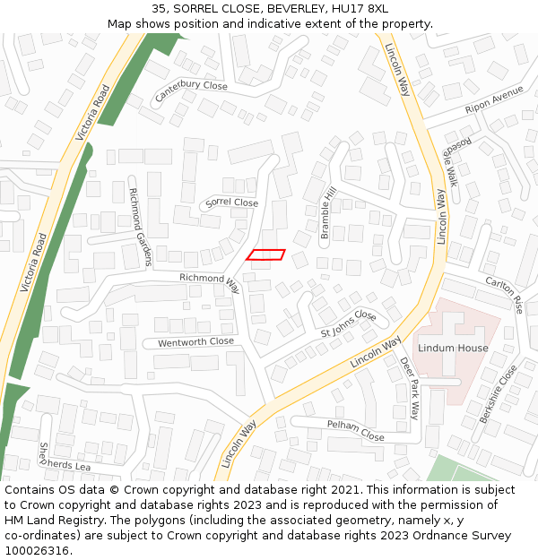 35, SORREL CLOSE, BEVERLEY, HU17 8XL: Location map and indicative extent of plot