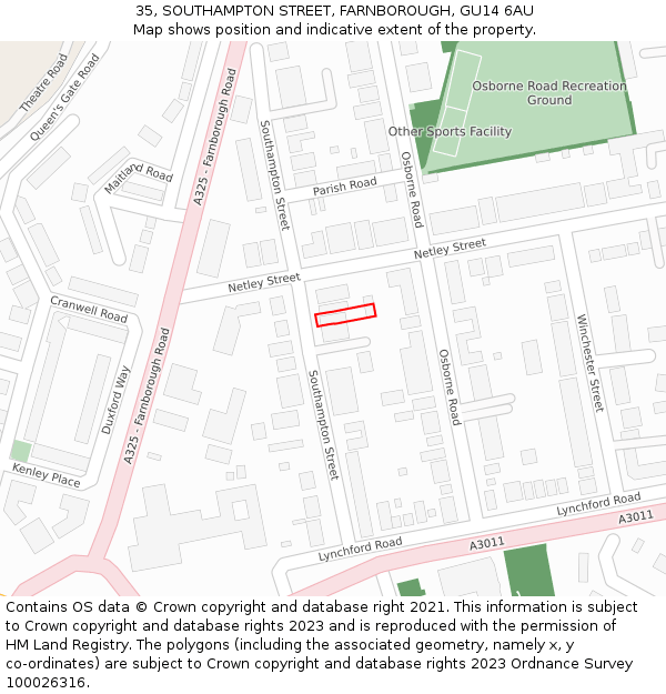 35, SOUTHAMPTON STREET, FARNBOROUGH, GU14 6AU: Location map and indicative extent of plot