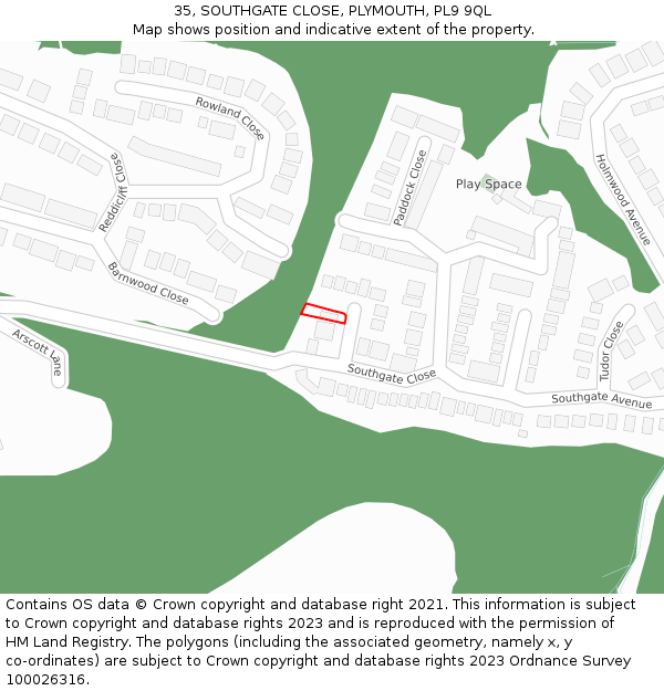 35, SOUTHGATE CLOSE, PLYMOUTH, PL9 9QL: Location map and indicative extent of plot