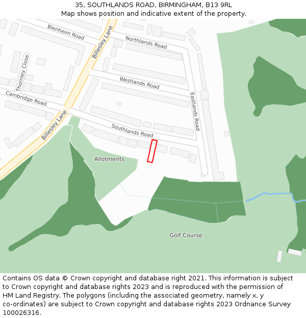 35, SOUTHLANDS ROAD, BIRMINGHAM, B13 9RL: Location map and indicative extent of plot