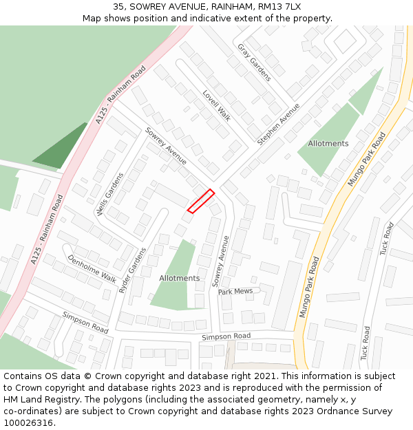 35, SOWREY AVENUE, RAINHAM, RM13 7LX: Location map and indicative extent of plot