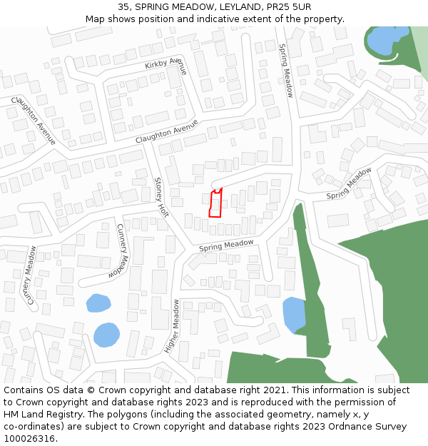 35, SPRING MEADOW, LEYLAND, PR25 5UR: Location map and indicative extent of plot