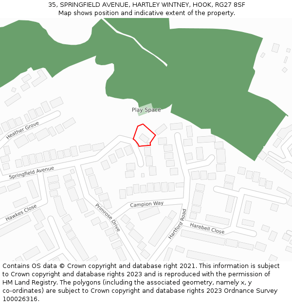 35, SPRINGFIELD AVENUE, HARTLEY WINTNEY, HOOK, RG27 8SF: Location map and indicative extent of plot