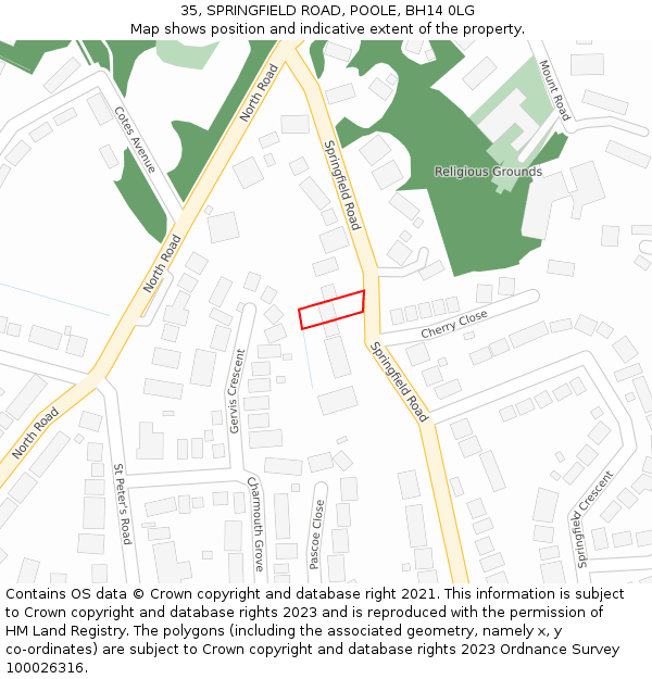 35, SPRINGFIELD ROAD, POOLE, BH14 0LG: Location map and indicative extent of plot