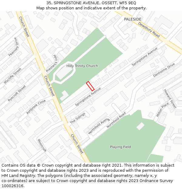 35, SPRINGSTONE AVENUE, OSSETT, WF5 9EQ: Location map and indicative extent of plot