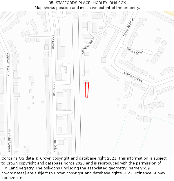 35, STAFFORDS PLACE, HORLEY, RH6 9GX: Location map and indicative extent of plot