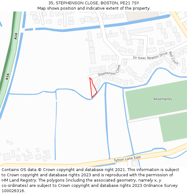 35, STEPHENSON CLOSE, BOSTON, PE21 7SY: Location map and indicative extent of plot