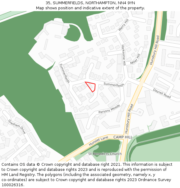 35, SUMMERFIELDS, NORTHAMPTON, NN4 9YN: Location map and indicative extent of plot