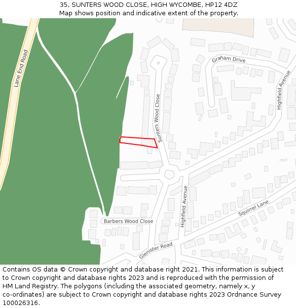 35, SUNTERS WOOD CLOSE, HIGH WYCOMBE, HP12 4DZ: Location map and indicative extent of plot