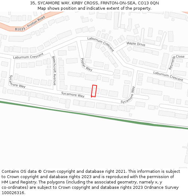 35, SYCAMORE WAY, KIRBY CROSS, FRINTON-ON-SEA, CO13 0QN: Location map and indicative extent of plot