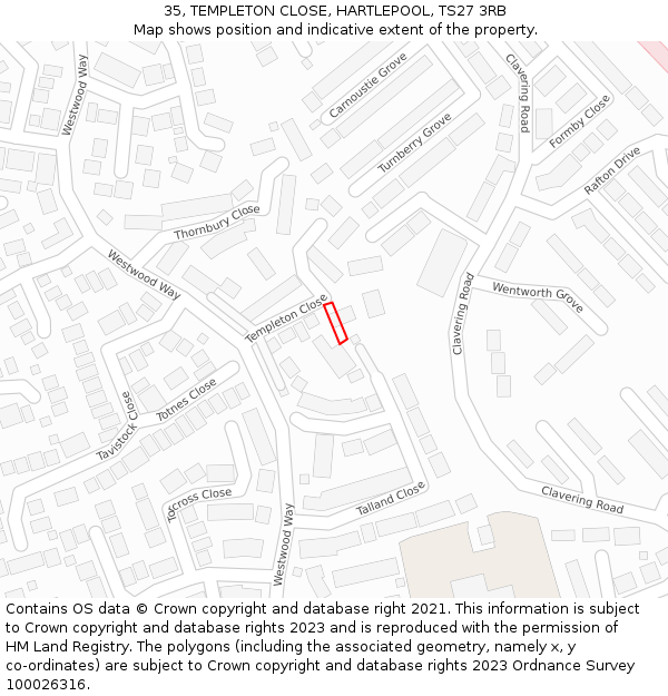 35, TEMPLETON CLOSE, HARTLEPOOL, TS27 3RB: Location map and indicative extent of plot