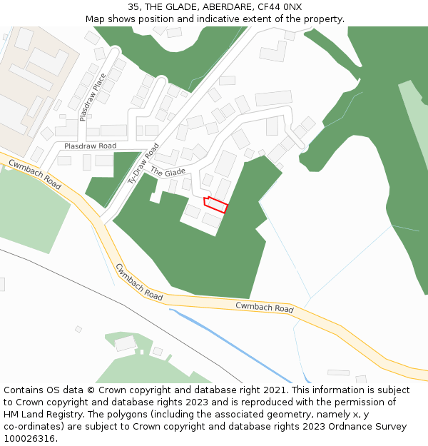 35, THE GLADE, ABERDARE, CF44 0NX: Location map and indicative extent of plot