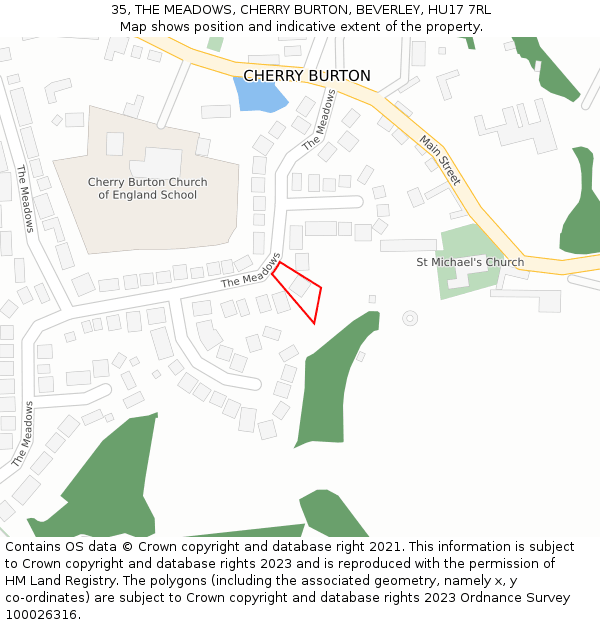 35, THE MEADOWS, CHERRY BURTON, BEVERLEY, HU17 7RL: Location map and indicative extent of plot