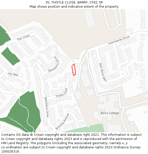 35, THISTLE CLOSE, BARRY, CF62 7JP: Location map and indicative extent of plot