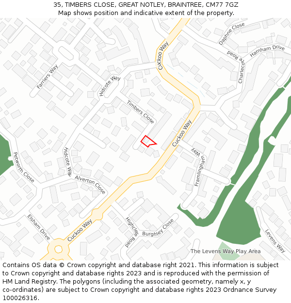 35, TIMBERS CLOSE, GREAT NOTLEY, BRAINTREE, CM77 7GZ: Location map and indicative extent of plot