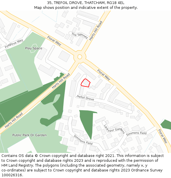 35, TREFOIL DROVE, THATCHAM, RG18 4EL: Location map and indicative extent of plot