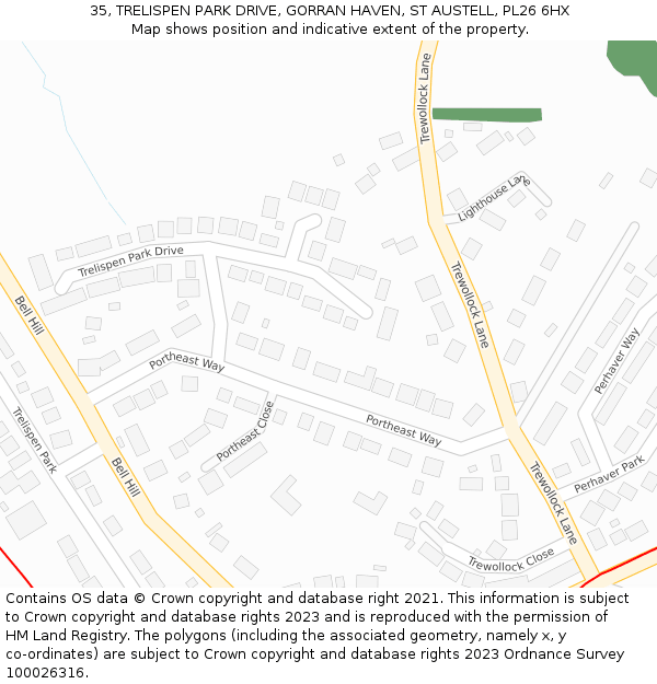 35, TRELISPEN PARK DRIVE, GORRAN HAVEN, ST AUSTELL, PL26 6HX: Location map and indicative extent of plot