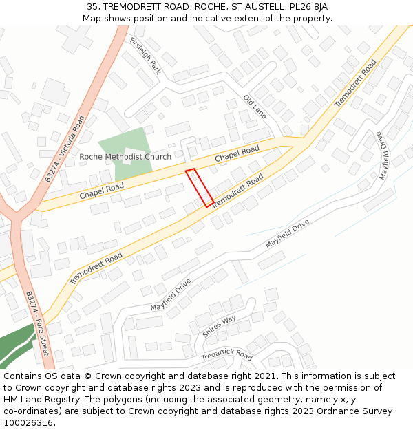 35, TREMODRETT ROAD, ROCHE, ST AUSTELL, PL26 8JA: Location map and indicative extent of plot