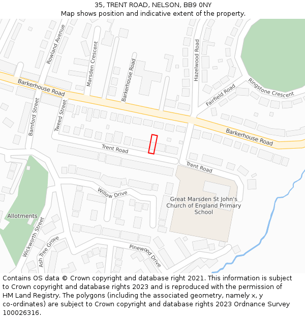 35, TRENT ROAD, NELSON, BB9 0NY: Location map and indicative extent of plot