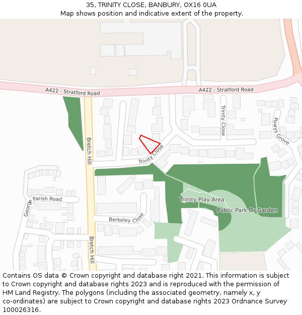 35, TRINITY CLOSE, BANBURY, OX16 0UA: Location map and indicative extent of plot