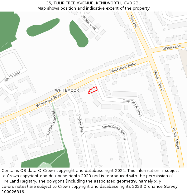 35, TULIP TREE AVENUE, KENILWORTH, CV8 2BU: Location map and indicative extent of plot