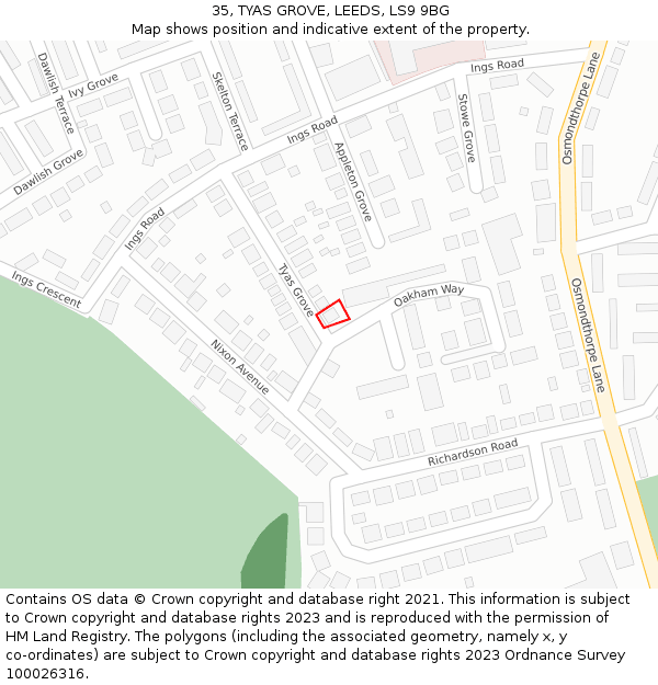 35, TYAS GROVE, LEEDS, LS9 9BG: Location map and indicative extent of plot