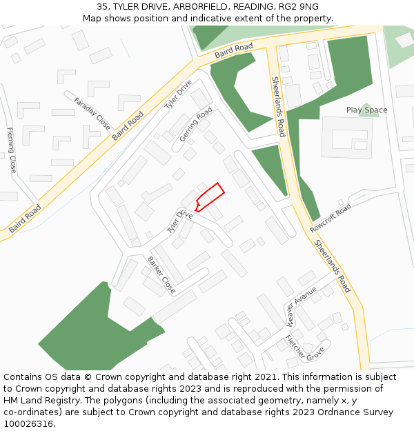 35, TYLER DRIVE, ARBORFIELD, READING, RG2 9NG: Location map and indicative extent of plot