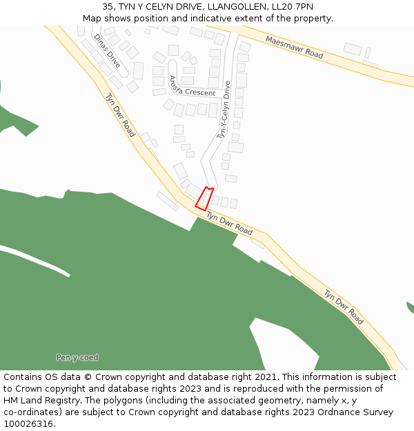 35, TYN Y CELYN DRIVE, LLANGOLLEN, LL20 7PN: Location map and indicative extent of plot