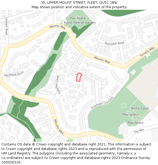 35, UPPER MOUNT STREET, FLEET, GU51 1BW: Location map and indicative extent of plot