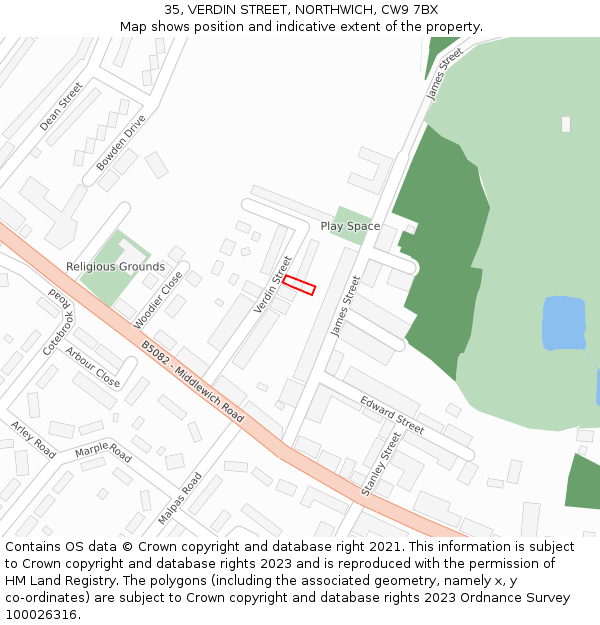 35, VERDIN STREET, NORTHWICH, CW9 7BX: Location map and indicative extent of plot