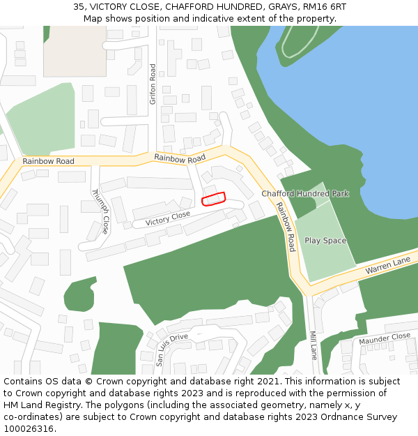 35, VICTORY CLOSE, CHAFFORD HUNDRED, GRAYS, RM16 6RT: Location map and indicative extent of plot