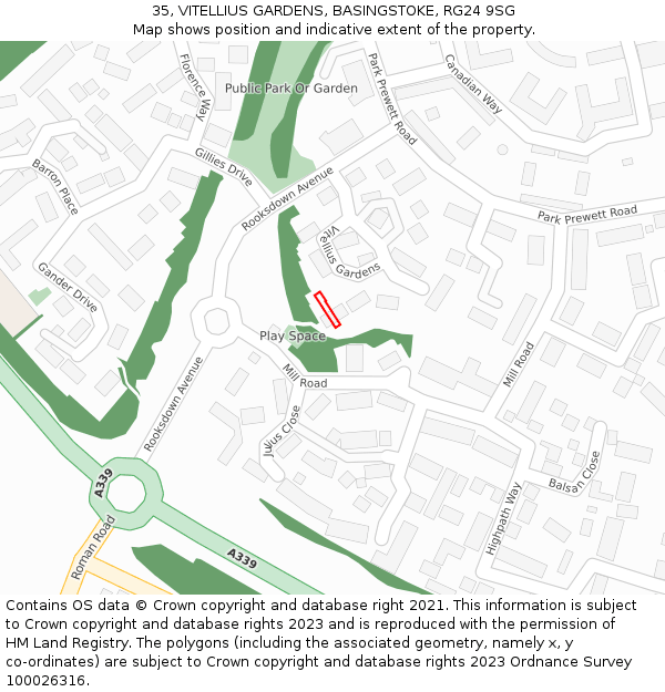 35, VITELLIUS GARDENS, BASINGSTOKE, RG24 9SG: Location map and indicative extent of plot