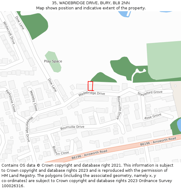 35, WADEBRIDGE DRIVE, BURY, BL8 2NN: Location map and indicative extent of plot