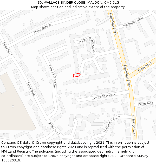 35, WALLACE BINDER CLOSE, MALDON, CM9 6LG: Location map and indicative extent of plot