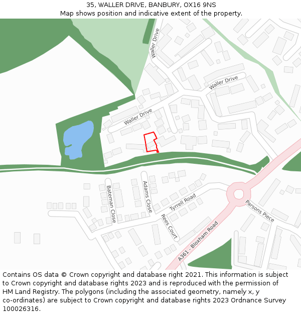 35, WALLER DRIVE, BANBURY, OX16 9NS: Location map and indicative extent of plot