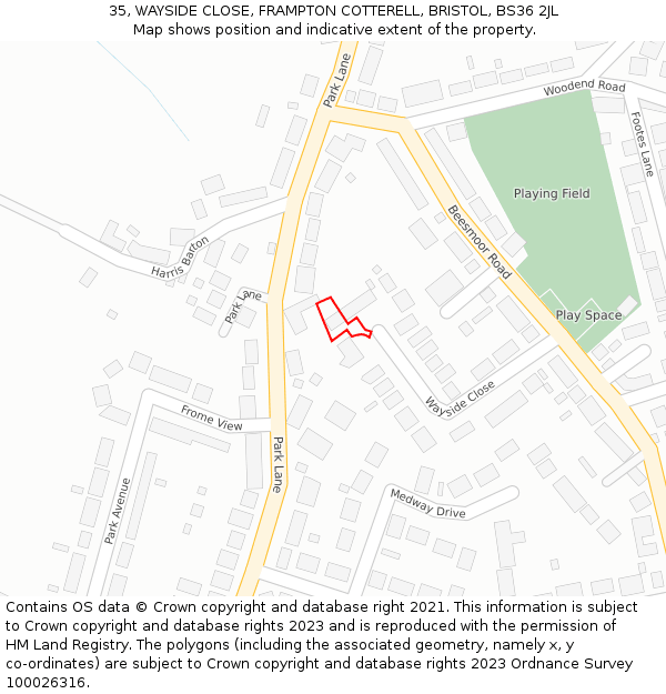 35, WAYSIDE CLOSE, FRAMPTON COTTERELL, BRISTOL, BS36 2JL: Location map and indicative extent of plot