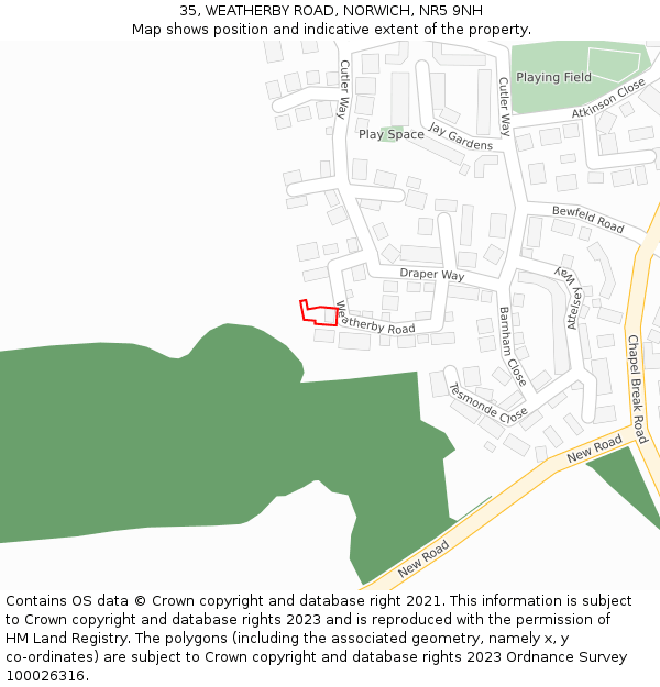 35, WEATHERBY ROAD, NORWICH, NR5 9NH: Location map and indicative extent of plot