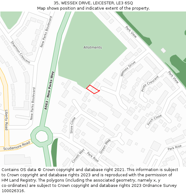 35, WESSEX DRIVE, LEICESTER, LE3 6SQ: Location map and indicative extent of plot