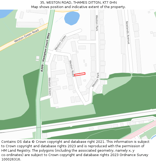 35, WESTON ROAD, THAMES DITTON, KT7 0HN: Location map and indicative extent of plot