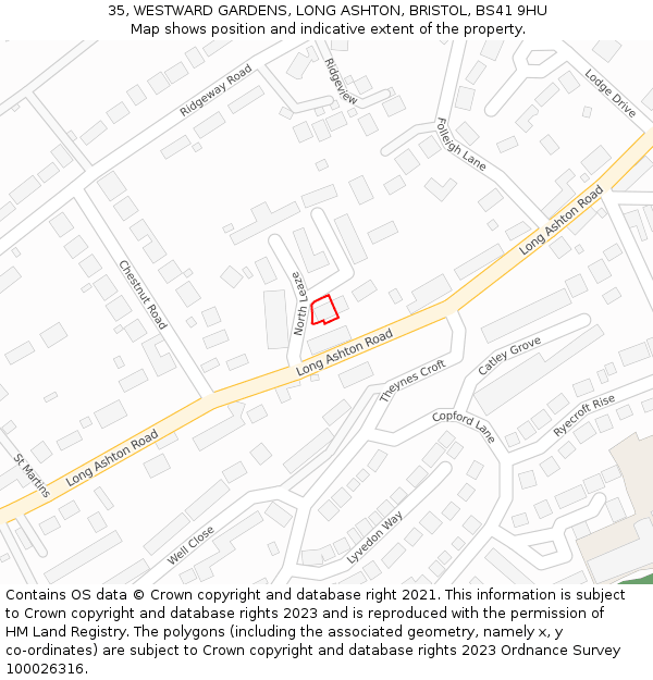 35, WESTWARD GARDENS, LONG ASHTON, BRISTOL, BS41 9HU: Location map and indicative extent of plot