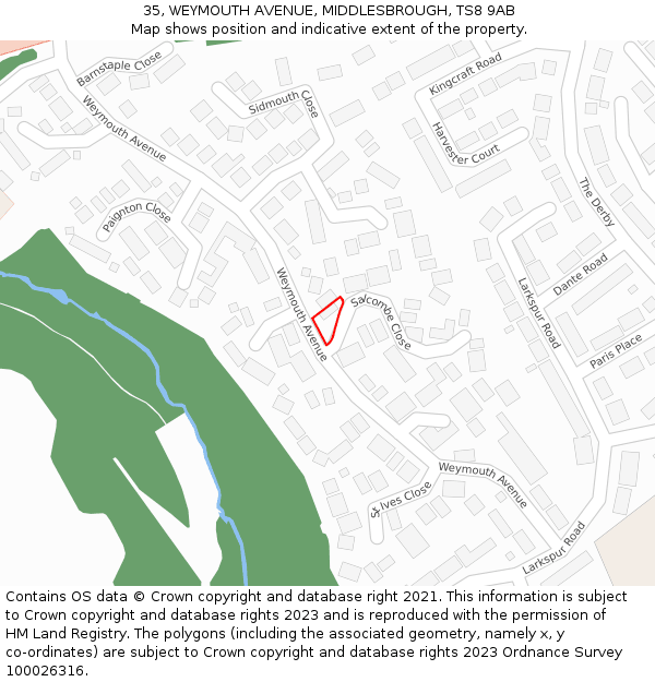 35, WEYMOUTH AVENUE, MIDDLESBROUGH, TS8 9AB: Location map and indicative extent of plot