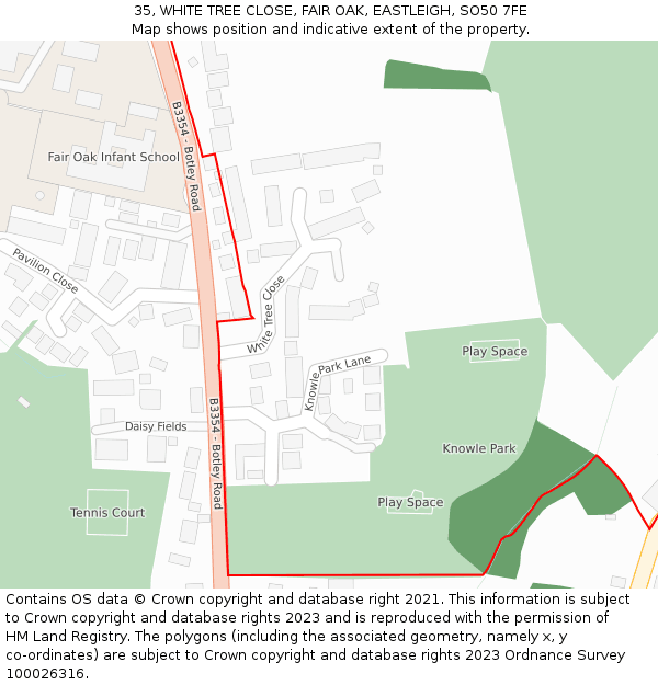 35, WHITE TREE CLOSE, FAIR OAK, EASTLEIGH, SO50 7FE: Location map and indicative extent of plot